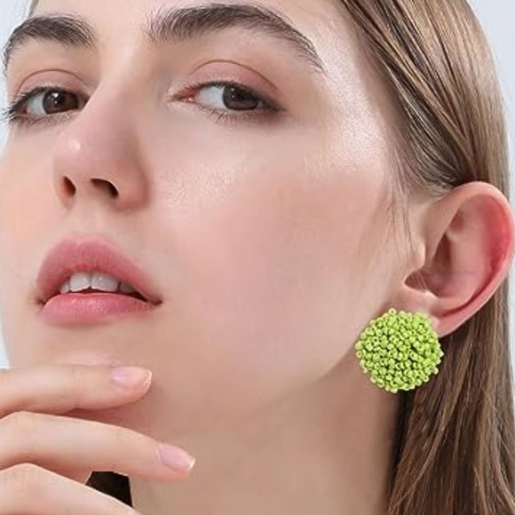 Light Green Pom Pom Big Beaded Puff Post Earrings Round Bohemian Seed Beads New - Picture 2 of 7